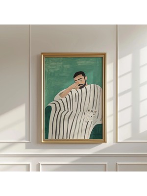 Ninastore Zümrüt Yeşili Soyut Adam ve Kedi Baskısı: Minimalist Duvar Sanatı (Dijital Indirme)