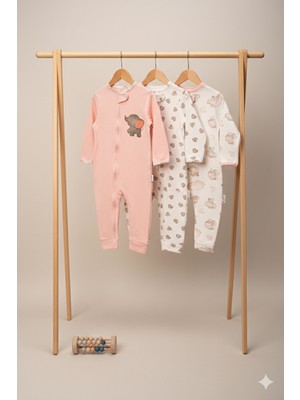 Kız Bebek Fermuarlı Fil Bulutlu 3'lü Patiksiz Uyku Tulumu 9-12-18 Ay