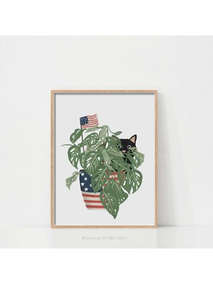 Ninastore Vatansever Bitki ve Kedi Duvar Sanatı / 4 Temmuz Baskısı / Bitki ve Kedi Severler Için Dijital Indir