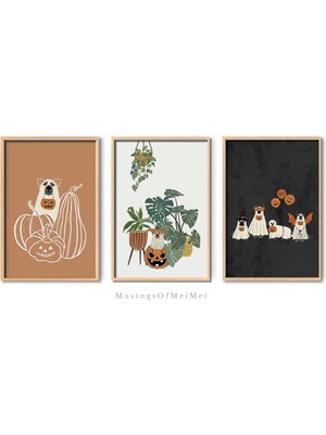 Ninastore Cadılar Bayramı Köpek Temalı Sanat Baskıları (3'lü Set) / Yazdırılabilir Cadılar Bayramı Duvar Sanat