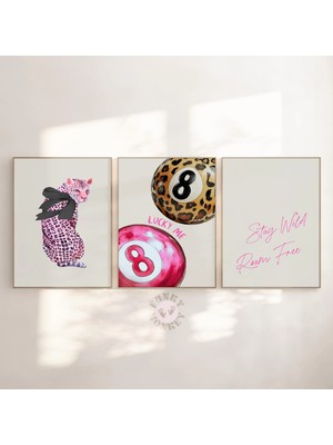 Ninastore Leopar Desenli 3'lü Set / Trend Pembe 8 Top Dijital Baskı / Şanslı Duvar Sanatı / Şık Oda Dekorasyon