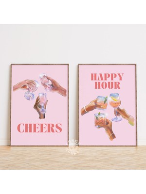 Ninastore Şerefe! Mutlu Saatler Baskı Seti (2 Adet) / Pembe Kız Çocuk Bar Arabası Sanat Baskı Seti / Trend Duv