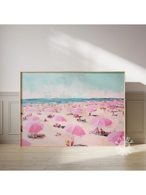 Ninastore Vintage Plaj Baskısı/ Pembe Plaj Şemsiyeleri Tablosu/ Yazdırılabilir Sanat Eseri/ Soyut Kıyı Sanatı/