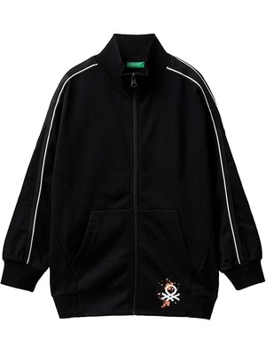 Benetton Erkek Çocuk Siyah Önü Arkası Baskılı Kolları Şerit Detaylı Fermuarlı Sweatshirt