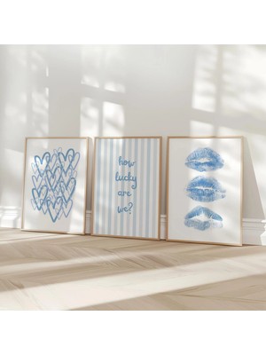 Ninastore 3'lü Şık Mavi Duvar Sanatı Seti / Ne Kadar Şanslıyız Baskısı / Sahil Tarzı Şık Estetik / Trend Poste