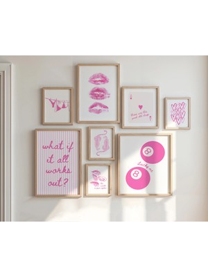 Ninastore 8 Parçalı Pembe Dijital Baskı Seti / Trend Duvar Sanatı Galerisi / Şık Estetik Yurt Odası Dekorasyon