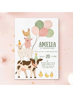 Ninastore Sevimli Çiftlik Hayvanları Temalı Düzenlenebilir Doğum Günü Davetiyesi / Eğlenceli 1. Yaş Günü Kız B