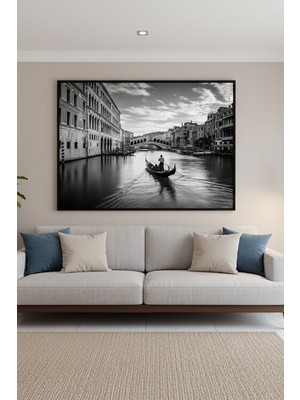 Safir Design Siyah Beyaz Venedik Rialto Köprüsü ve Gondol Çerçeveli Tablo