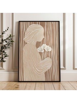 Ninastore Minimalist Çiçekli Kadın Sanat Baskısı: Bej Botanik Illüstrasyon (Dijital Indirme)