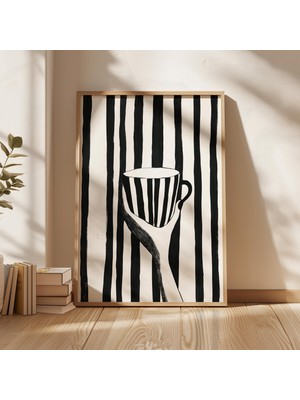 Ninastore Çizgili Kahve Fincanı Sanat Baskısı: Minimalist Mutfak Dekorasyonu (Dijital Indirme)