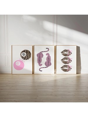Ninastore Şık Pembe Duvar Sanatı Seti/ Leopar Desenli Poster Seti (3 Parça)/ Pembe Kurdeleli Dudak Baskılı San