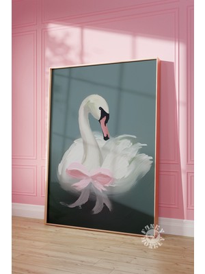 Ninastore Pembe Kurdeleli Kuğu Dijital Baskı/ Coquette Oda Dekorasyonu/ Kuğu Tablosu/ Kız Çocuk Odası/ Turkuaz