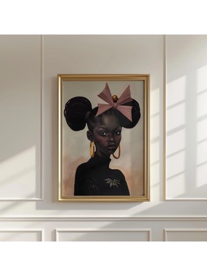 Ninastore Siyahi Kız Portresi Sanat Baskısı: Afro Saç / Pembe Kurdele (Dijital Indirme)