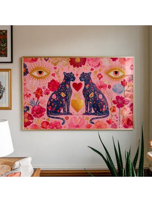 Ninastore Çiçekli Panter Sanat Baskısı: Pembe Botanik Maksimalist Dekor (Dijital Indirme)