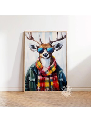 Ninastore Komik Geyik Sanat Baskısı / Kış Hayvanı Duvar Sanatı / Komik Noel Baskısı / Moda Geyik Kış Kulübesi