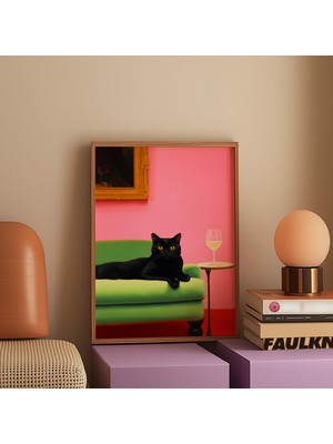 Ninastore Siyah Kedi Sanat Baskısı: Modern Pembe ve Yeşil Maksimalist Dekor (Dijital Indirme)
