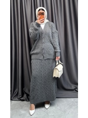 Nisum Moda Saç Örgülü Triko Etek Hırka Takım