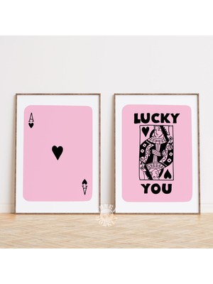 Ninastore Şık Pembe Şanslı Sen Baskı Seti (2 Adet) / Retro Oyun Kartları Posteri / Kalpler Kraliçesi / Yazdırı