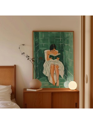 Ninastore Banyoda Kitap Okuyan Kadın Sanat Eseri Baskısı: Yeşil Fayans Minimalist Dekor (Dijital Indirme)