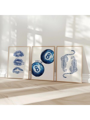 Ninastore Lacivert Duvar Sanatı Seti/ Retro 8 Top Posteri/ Mavi Leopar Baskısı/ Trend Öpücük Dudak Dijital Bas