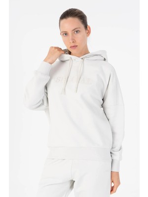 Maraton Oversize Kadın Kapüşonlu  Gümüş Gri Sweatshirt
