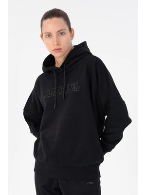 Maraton Oversize Kadın Bisiklet Yaka  Siyah- Sweatshirt