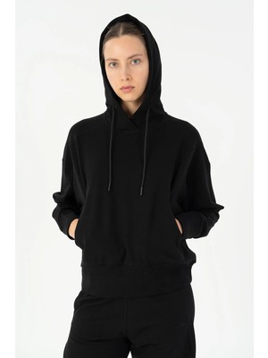 Maraton Oversize Kadın Kapüşonlu  Siyah- Sweatshirt