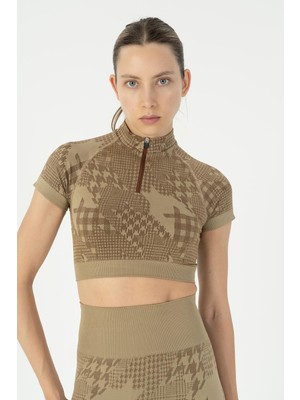 Maraton Slimfit Kadın Bisiklet Yaka  Vizon Crop Top