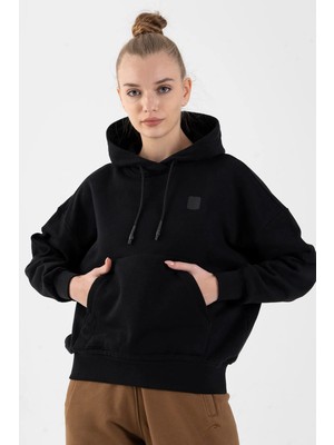 Maraton Oversize Kadın Kapüşonlu  Siyah Sweatshirt