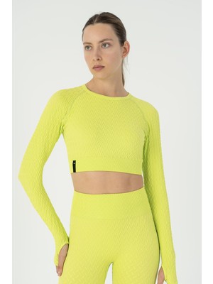 Maraton Slimfit Kadın Bisiklet Yaka  Neon Yeşil Crop Top