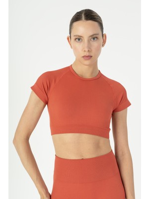 Maraton Slimfit Kadın Bisiklet Yaka  Kiremit Crop Top