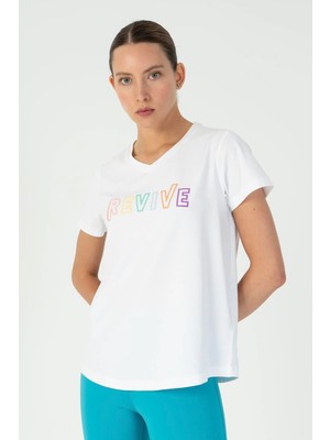 Maraton Regular Kadın V Yaka  Beyaz- T-Shirt