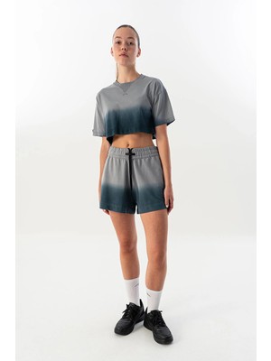 Maraton Comfort Kadın Bisiklet Yaka  Gri Crop Top