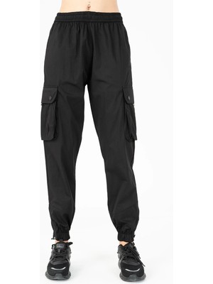 Maraton Kadın Dönüşlü Lastik Paça Siyah Pantolon XL Comfort Kalıp ile Günlük Kullanım İçin Rahat