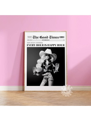Ninastore Gazete Manşeti Baskısı/ Her Saat Mutlu Saat Posteri/ Retro Kovboy Kız Dijital Baskı/ Bar Arabası San