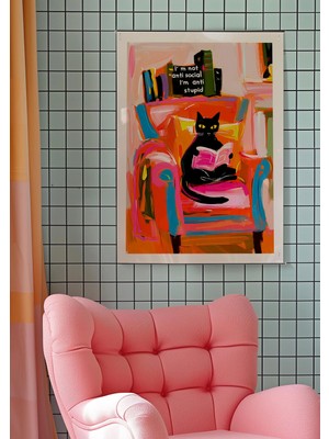 Ninastore Siyah Kedi Kitap Okuyor Sanat Baskısı: Eklektik Maksimalist Dekorasyon