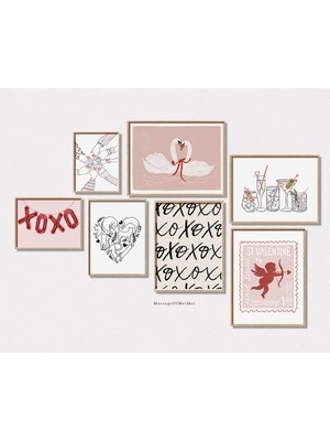 Ninastore Sevgililer Günü Duvar Sanatı Seti / 7 Parçalı Set / Romantik Baskılı Dekor / Aşk ve Öpücükler Sanat