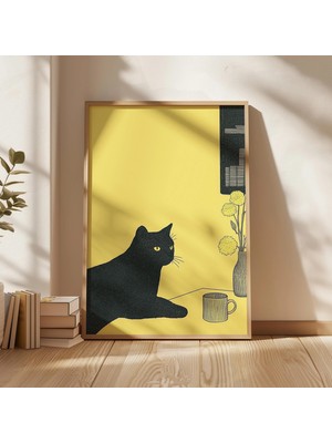 Ninastore Kara Kedi Sanat Baskısı: Sarı Zemin Üzerinde Minimalist Çiçekler (Dijital Indirme)