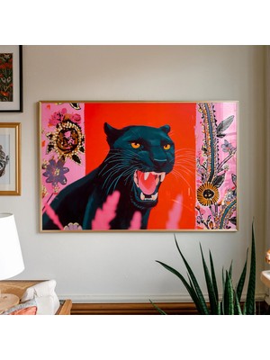 Ninastore Kara Panter Baskısı: Cesur Maksimalist Poster/ Canlı Oda Dekorasyonu/ Göz Alıcı Kırmızı Pembe Duvar