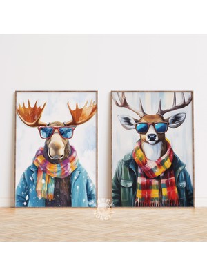 Ninastore Komik Kış Baskı Seti / Noel Hayvan Duvar Sanatı / Moda Geyik Baskılı Sanat Eseri / Kışlık Kulübe Tat