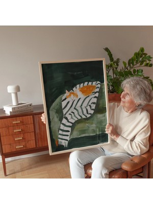 Ninastore Zencefil Rengi Kedi Sanat Baskısı: Çizgili Battaniye Üzerinde Uyuyan Kedi (Dijital Indirme)