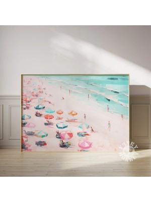 Ninastore Retro Plaj Baskısı/ Vintage Plaj Baskılı Tablo/ Soyut Kıyı Sanatı/ Kız Çocuk Odası Estetiği/ Pembe Y