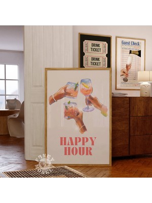 Ninastore Happy Hour Kokteyl Baskısı/ Trendi Duvar Sanatı/ Pembe Bar Arabası Sanat Baskısı/ Kokteyl Posteri/ Y