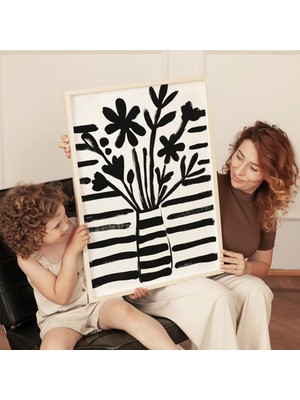 Ninastore Siyah Beyaz Çiçek Desenli: Çizgili Vazo/ Modern Botanik Sanatı (Dijital Indirme)