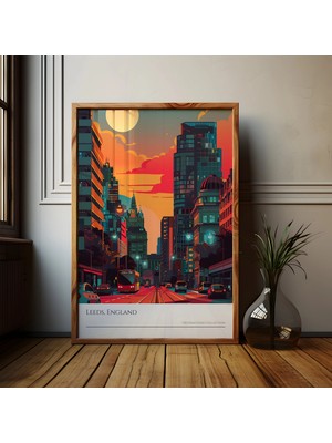 Ninastore Leeds Ingiltere Gün Batımı Posteri: Şehir Manzarası Seyahat Sanatı