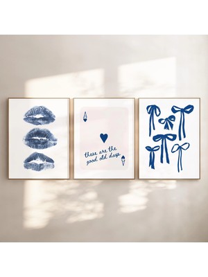 Ninastore Lacivert Baskılı 3'lü Set / Modaya Uygun Mavi Kurdeleli Poster / Retro Öpücük Dudak Duvar Sanatı / A