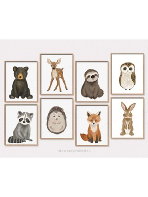 Ninastore Orman Temalı Bebek Odası Dekorasyon Baskıları / 8'li Set / Yazdırılabilir Duvar Sanatı / Orman Hayva
