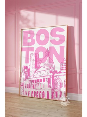 Ninastore Boston Poster Baskısı/ Pembe Şehir Duvar Sanatı/ Trendi Seyahat Posteri/ Retro Şık Dijital Baskı/ Öğ