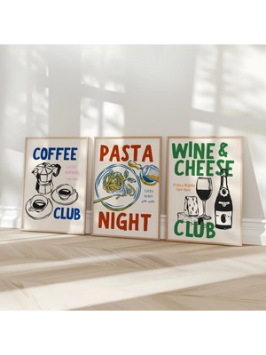 Ninastore Mutfak Baskı Seti/ 3'lü Yemek Temalı Duvar Sanatı Seti/ Retro Kahve Kulübü Dijital Baskılar/ Makarna