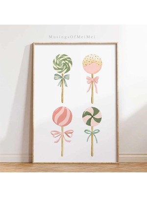 Ninastore Çocuk Odası Için Pastel Lolipop Duvar Sanatı Baskısı / Kurdeleli Sevimli Şeker Temalı Bebek Odası De